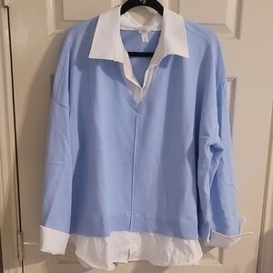 MarlaWynne Light Blue V-Neck Sweater with White Accents